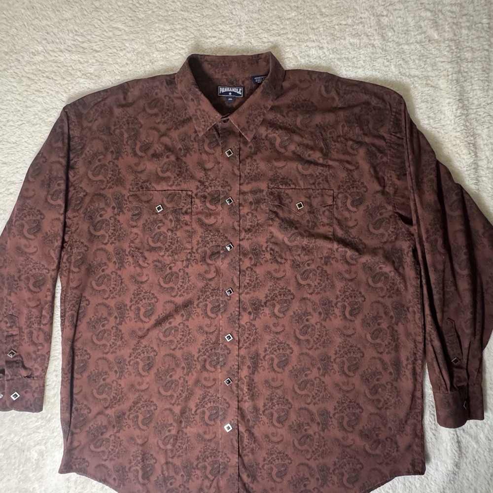 Panhandle Men's XXL Brown Paisley Western Shirt Pearl Snap Long Sleeve Cowboy